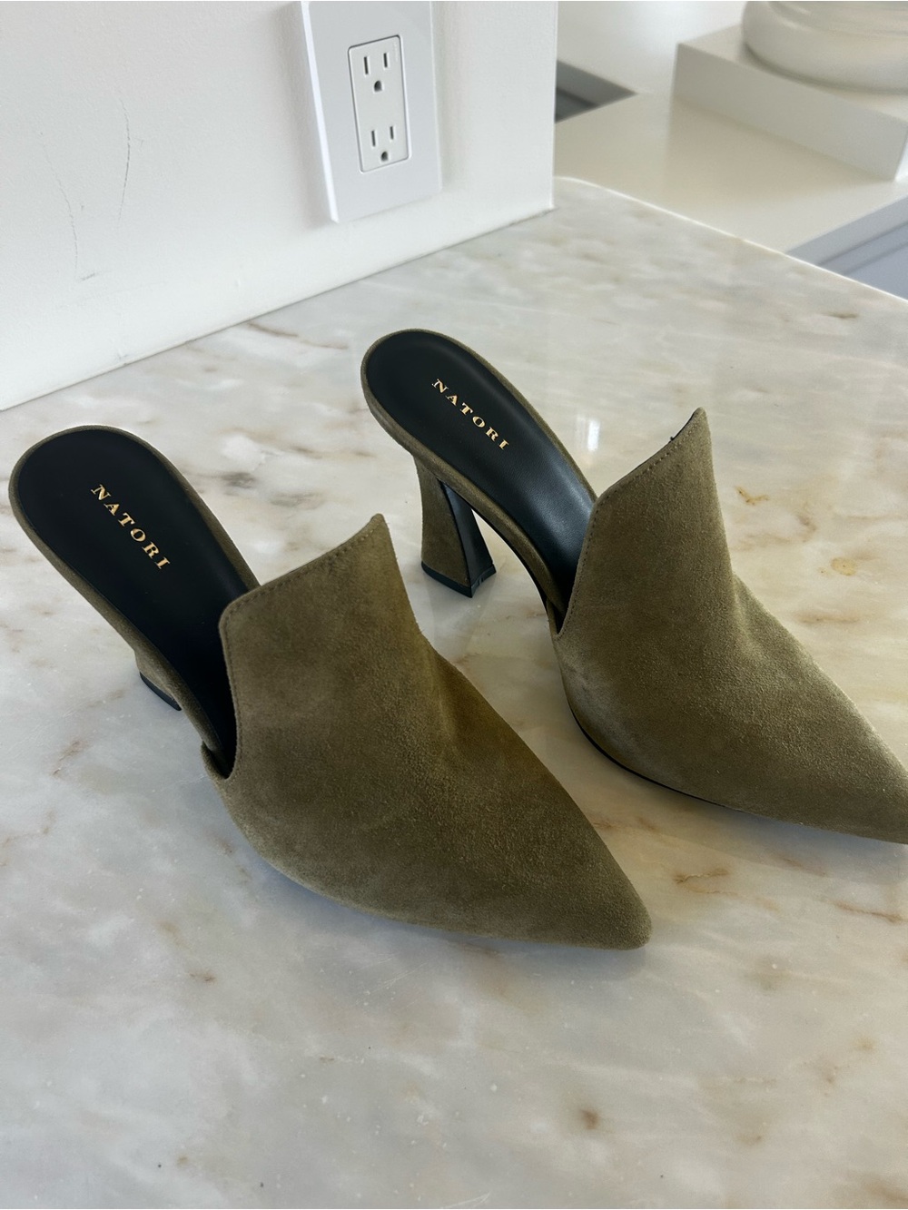 Natori Olive Suede Pointed Slip-On Mule with Sculpted Heel
